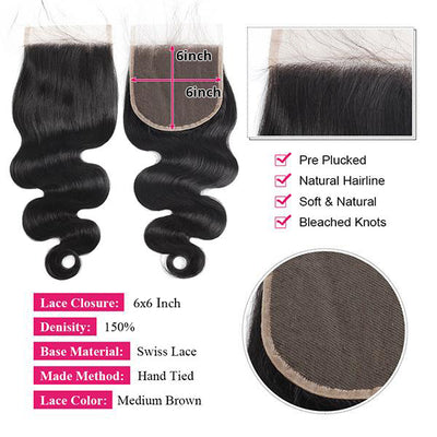 Body Wave Bundles with HD 6x6 Lace Closure Human Hair 3 Bundles with Closure