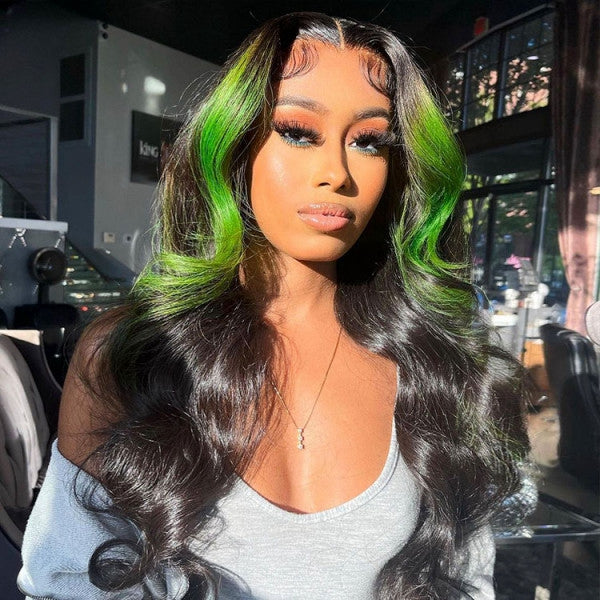 Green Skunk Stripe Hair Wig Colored Lace Front Wigs Body Wave Human Ha Lollyhair 