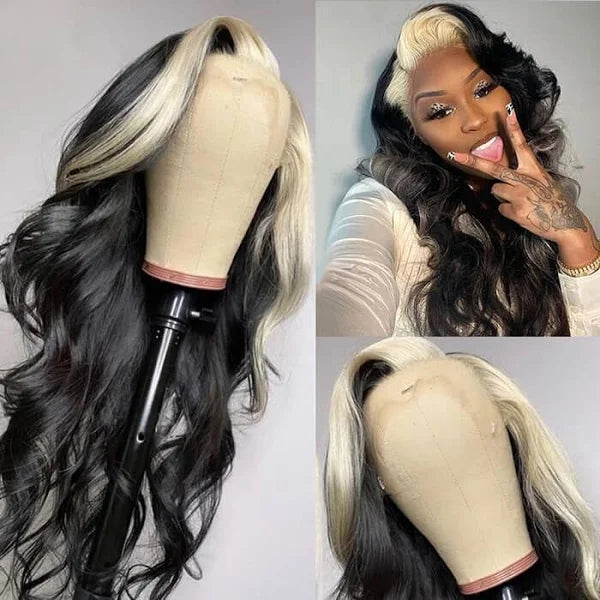 Skunk Stripe Wig with Blonde Highlights Body Wave Lace Front Human Hair Wigs with Streaks in Front