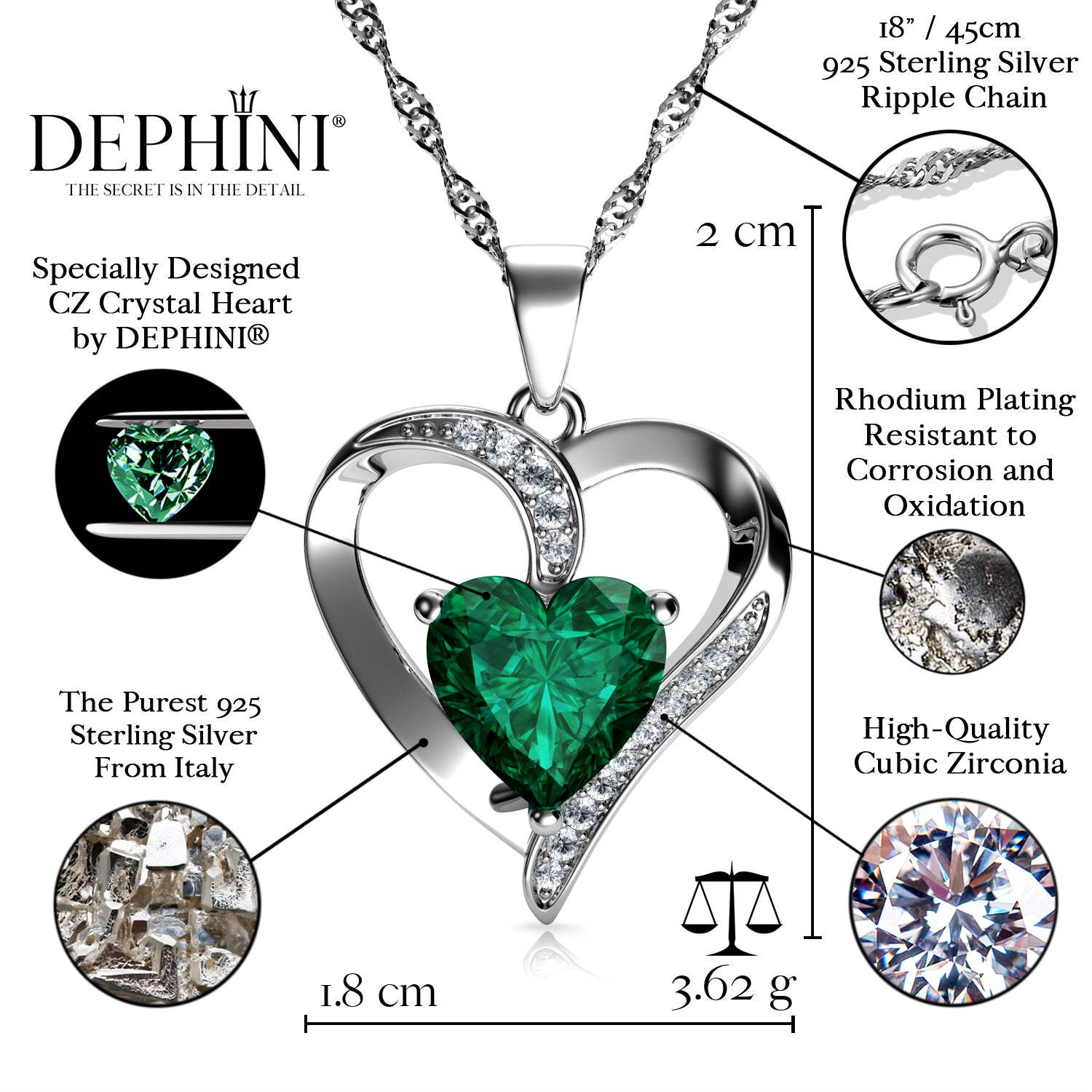 Green Heart pendant - 925 Sterling Silver CZ Crystal DEPHINI