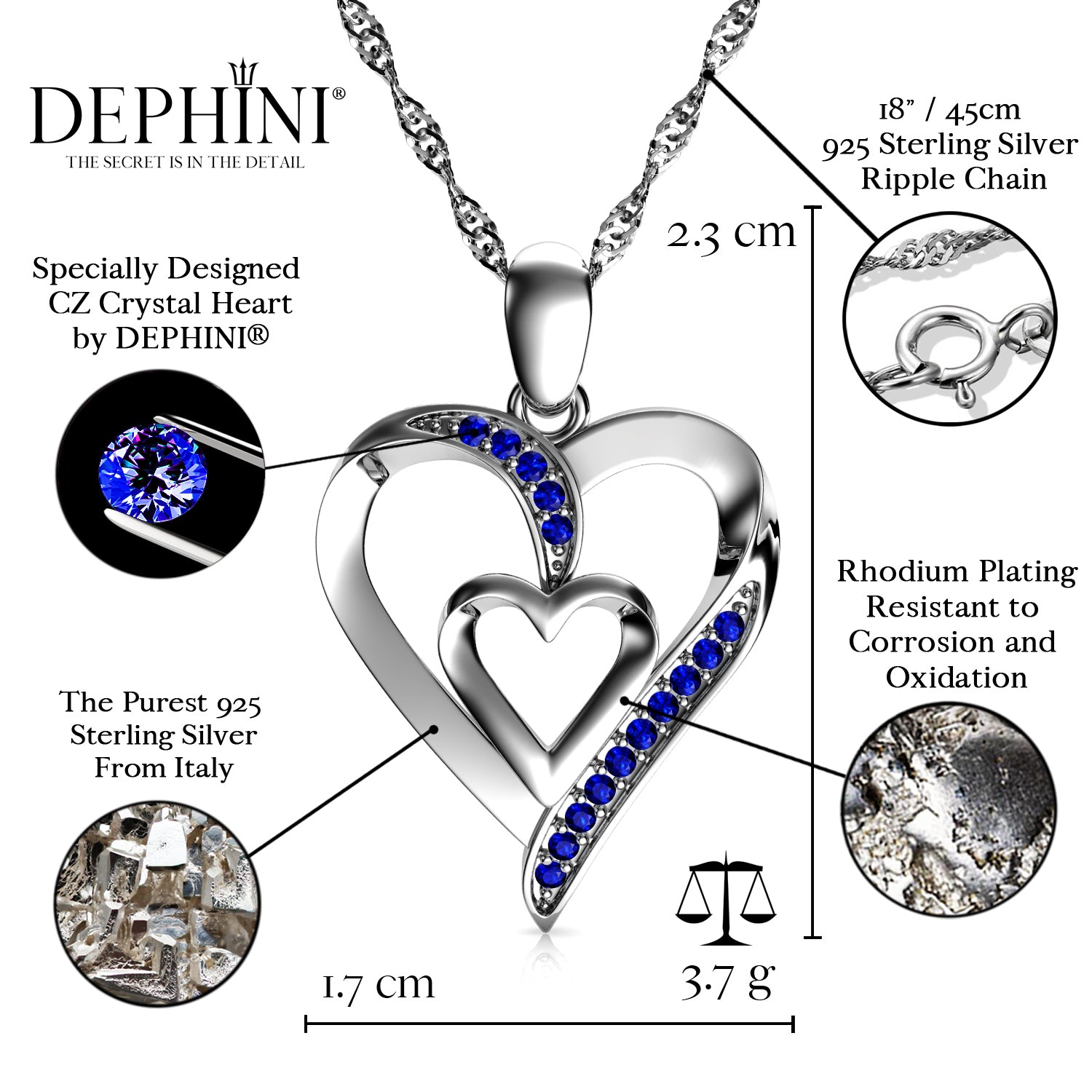 Blue Double Heart Necklace Sterling Silver Jewellery | Dephini