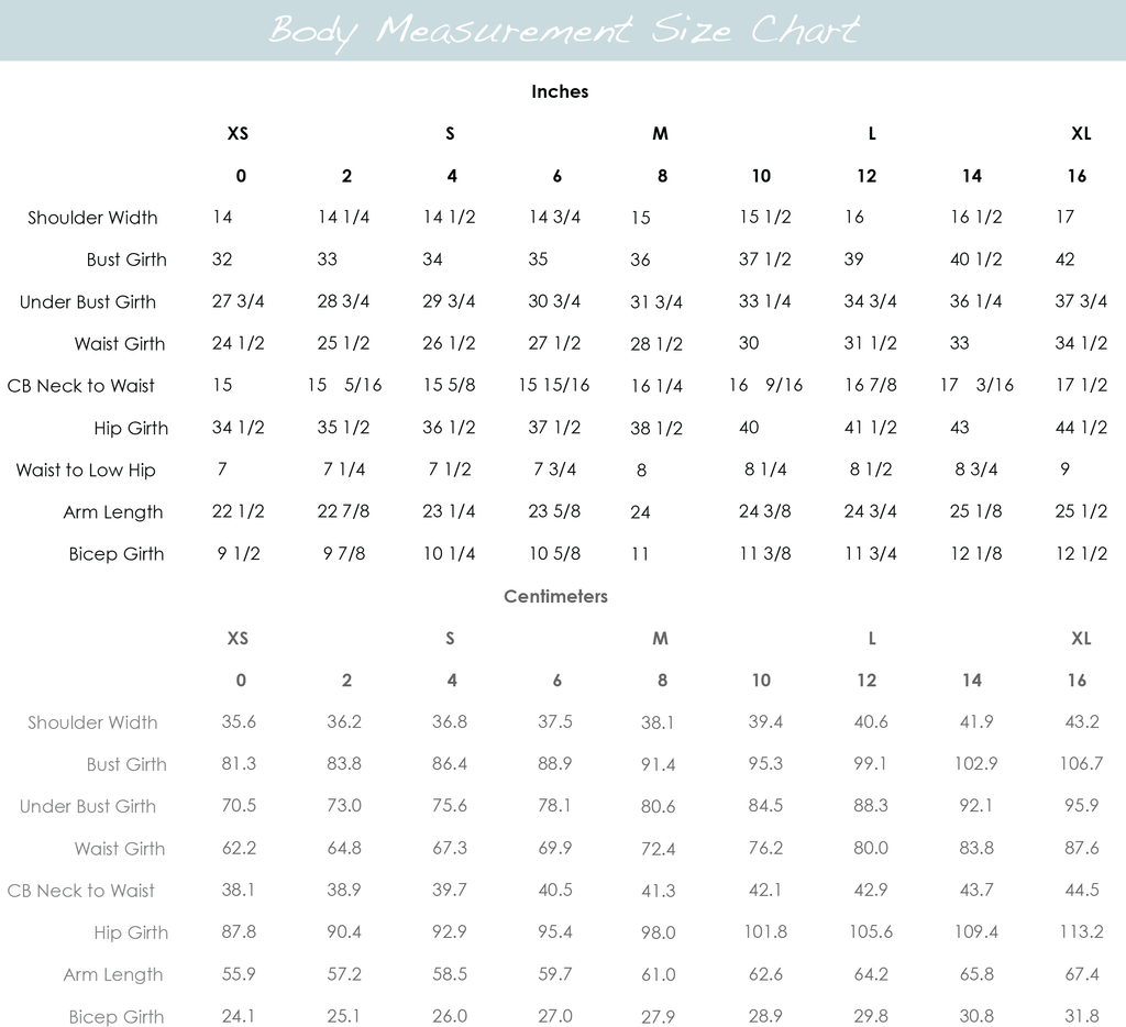 Body Measurement Size Chart for In-House Patterns