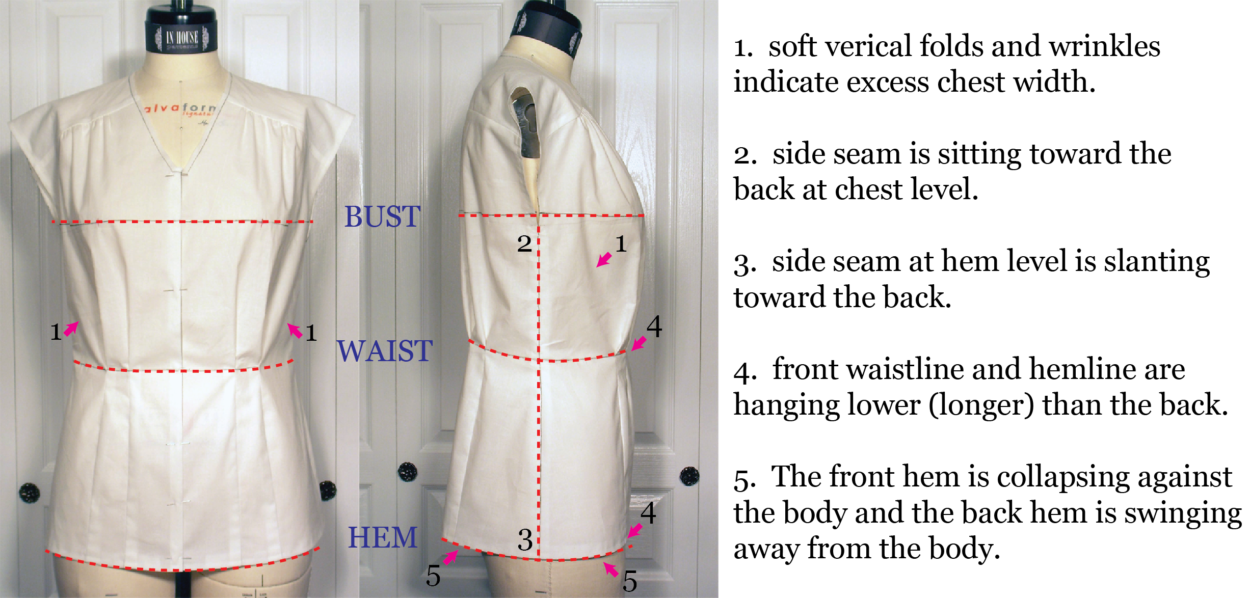 fitting and pattern corrections for small bust adjustment on a dartless  blouse from In-House Patterns