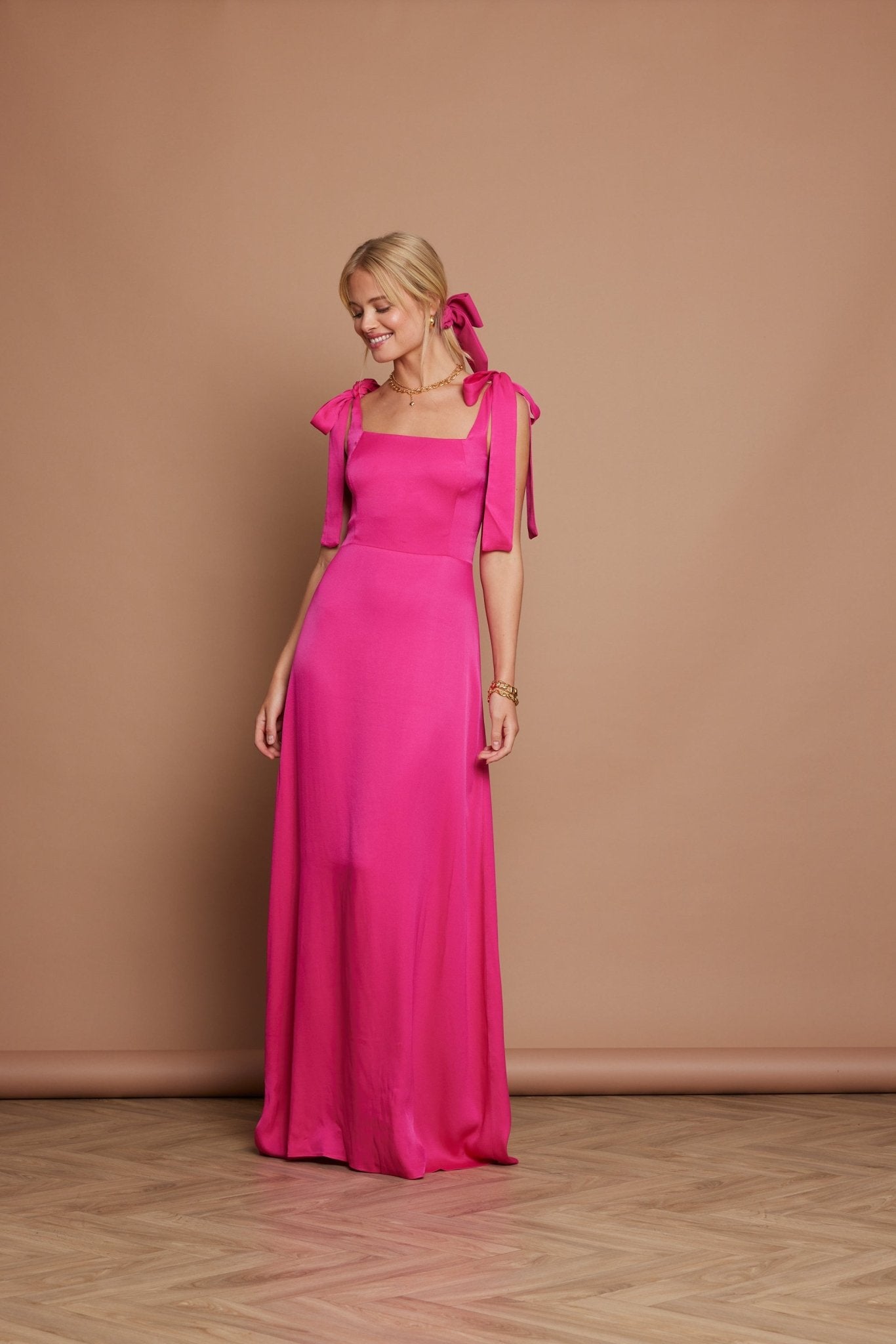 Allegra Satin Tie Shoulder Dress - Hot Pink - Maids to Measure product image