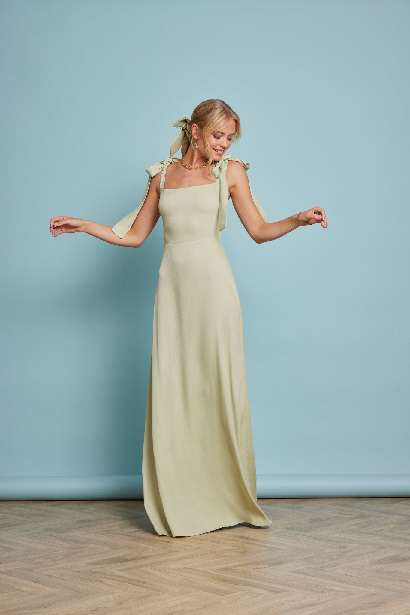 Allegra Satin Tie Shoulder Dress - Sage Green - Maids to Measure product image