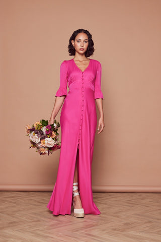 Daphne Satin V Neck Dress in Hot Pink