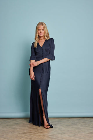 Daphne Satin V Neck Dress - Navy Blue NEW! - Maids to Measure