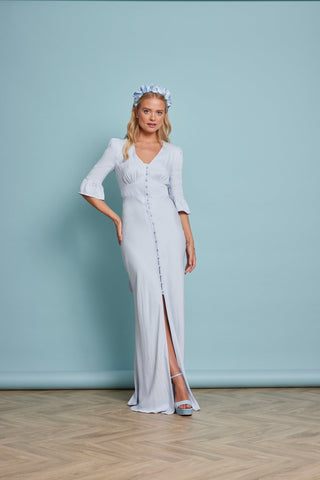 Daphne satin v neck dress in pale blue