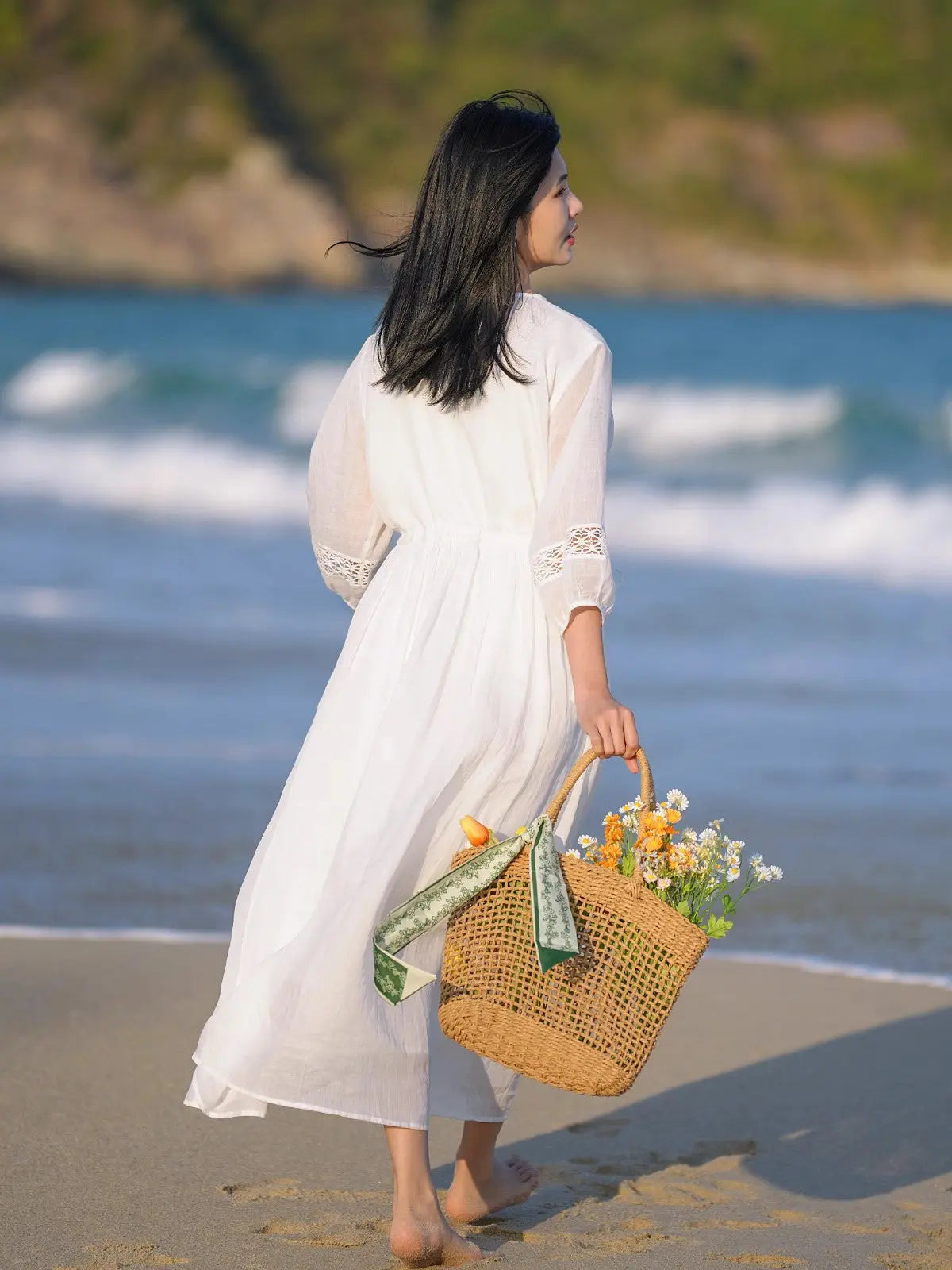 woman flowy white beach dress party linen maxi dress – Thebesttailor