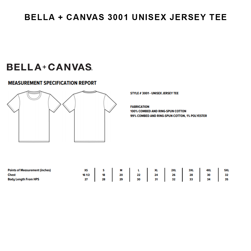 Bella Canvas Size Chart 3001