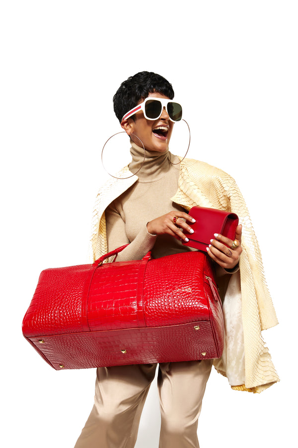 SSW - Carryall Duffle Leather Bag in Crocodile Print Fiery Red