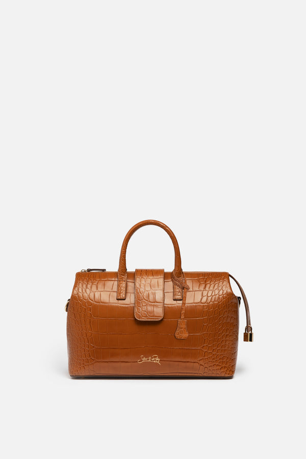 Convertible Executive Leather Bag in Crocodile Print Orange Crush