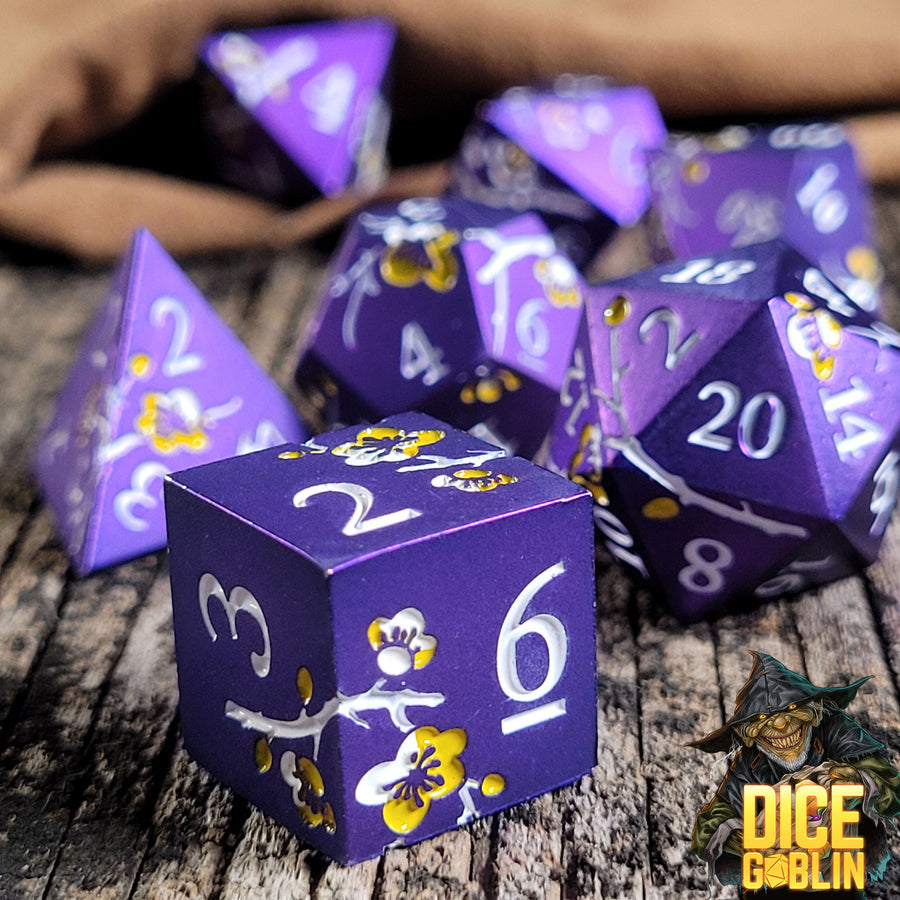 Dice Goblin Flowers Metal RPG Dice Set - Purple with White and Yellow