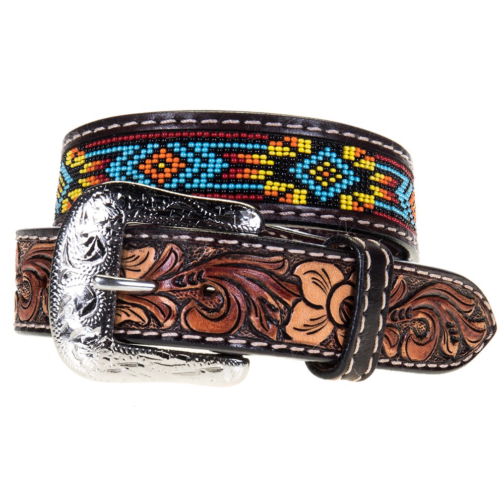 Image of Western Fashion Kids Twisted X Beaded Belt with Floral Tooling