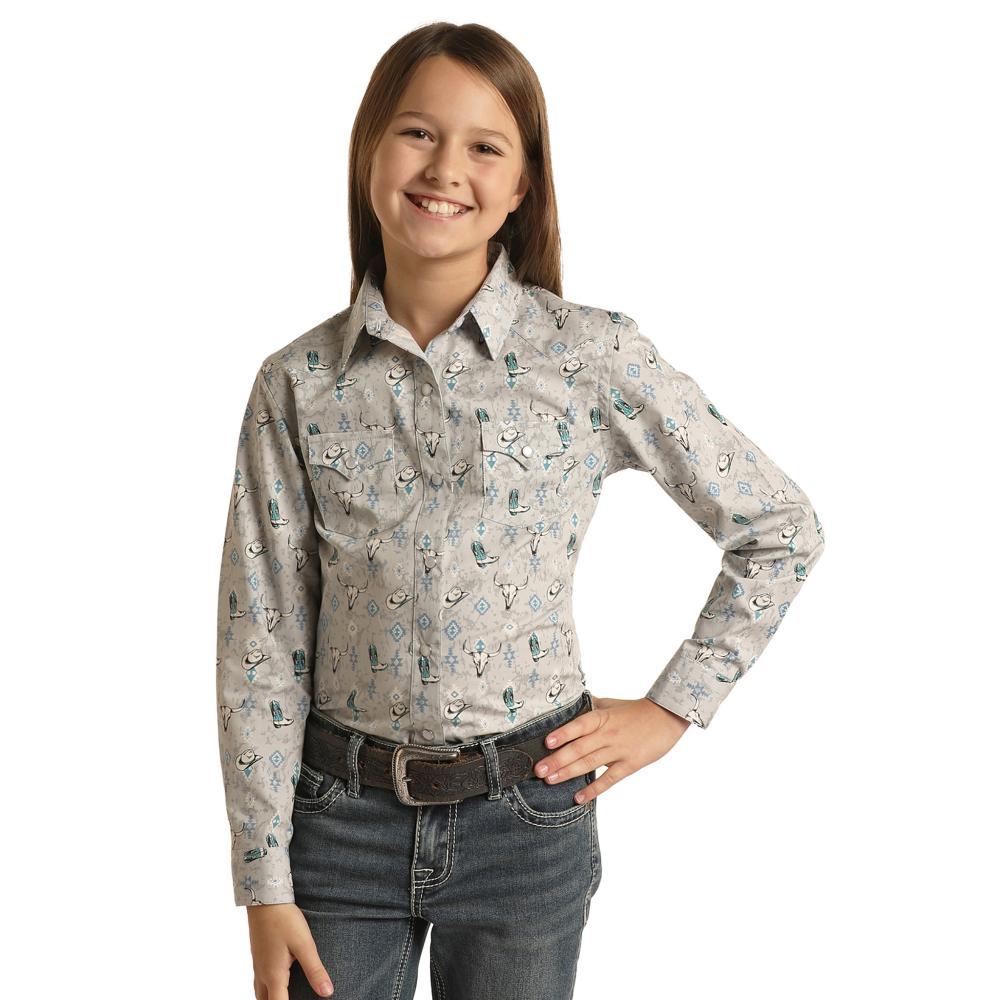 Image of Panhandle Girls Distress Novelty Print Long Sleeve Snap