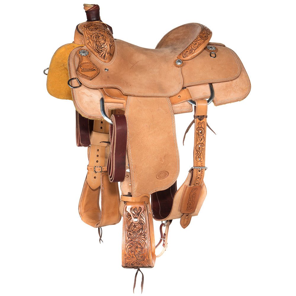 Image of Nrs Competitors Natural Antique 1/8 Breed Mia Flower Calf Roping Saddle