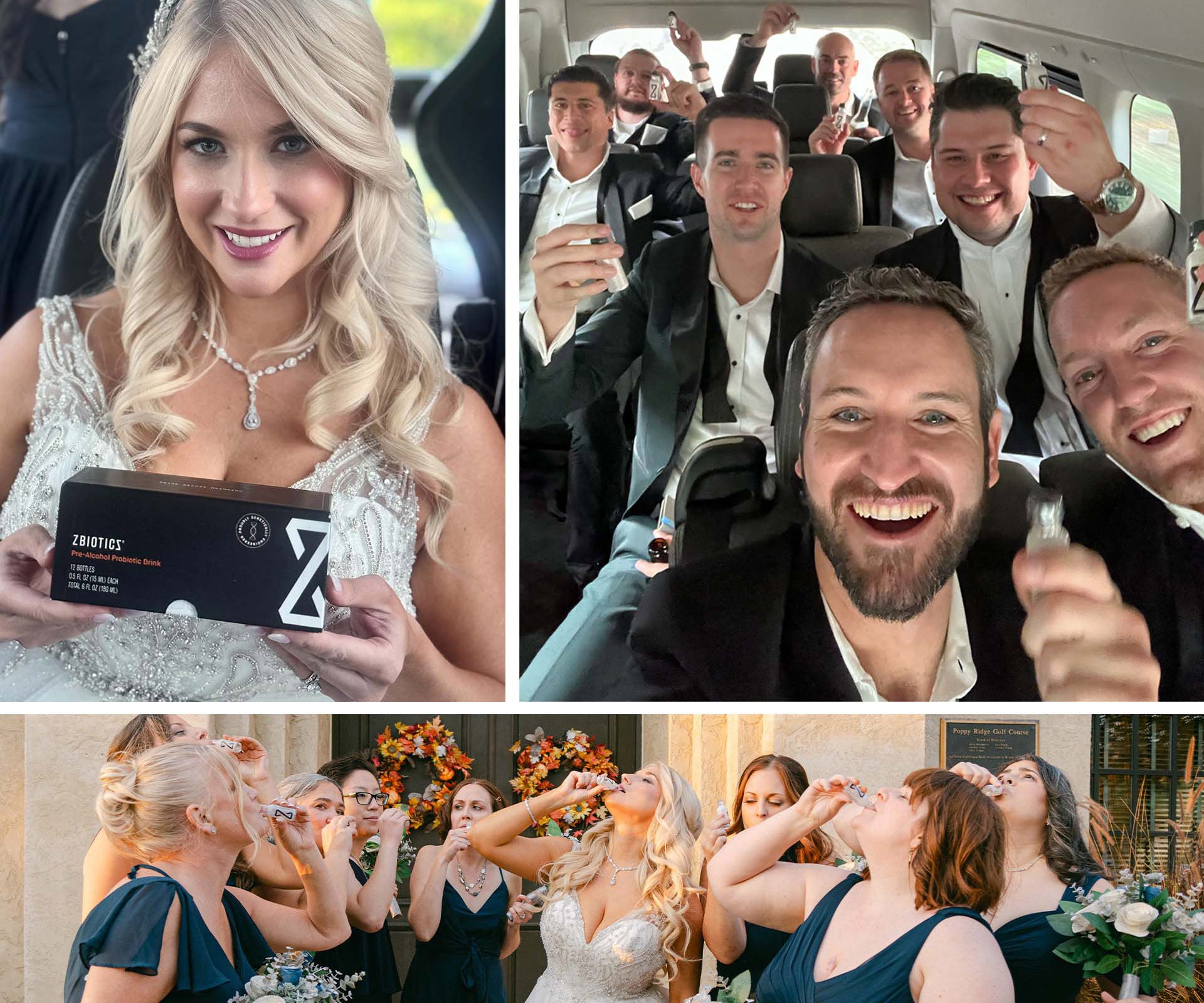 Wedding-goers drinking ZBiotics to feel better the day after celebrating.