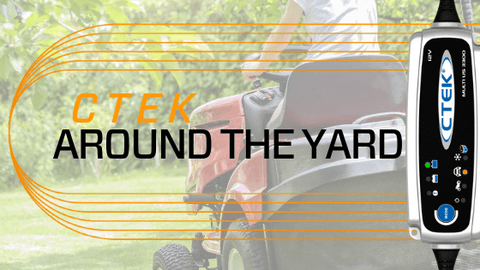 Man on red riding lawn mower with CTEK Around the Yard wording over top. A CTEK MUS 3300 battery charger pictured right of photo