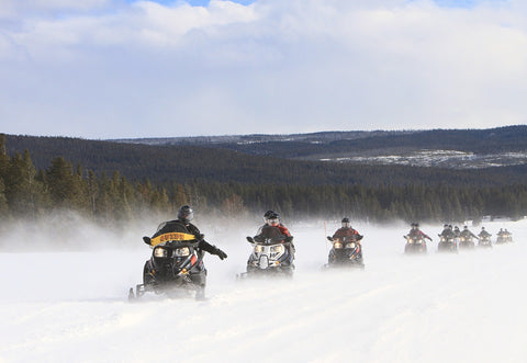 Line of snowmobile riders