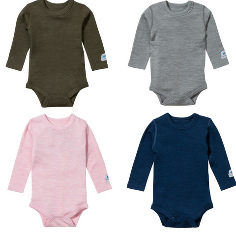 green, gray, pink and blue wool onesies