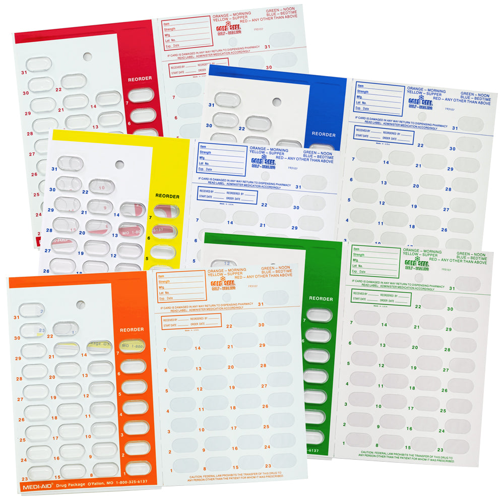 Color Coded 31 Day Monthly Medication Blister Card Cold Seal Book Fold Pill Thing