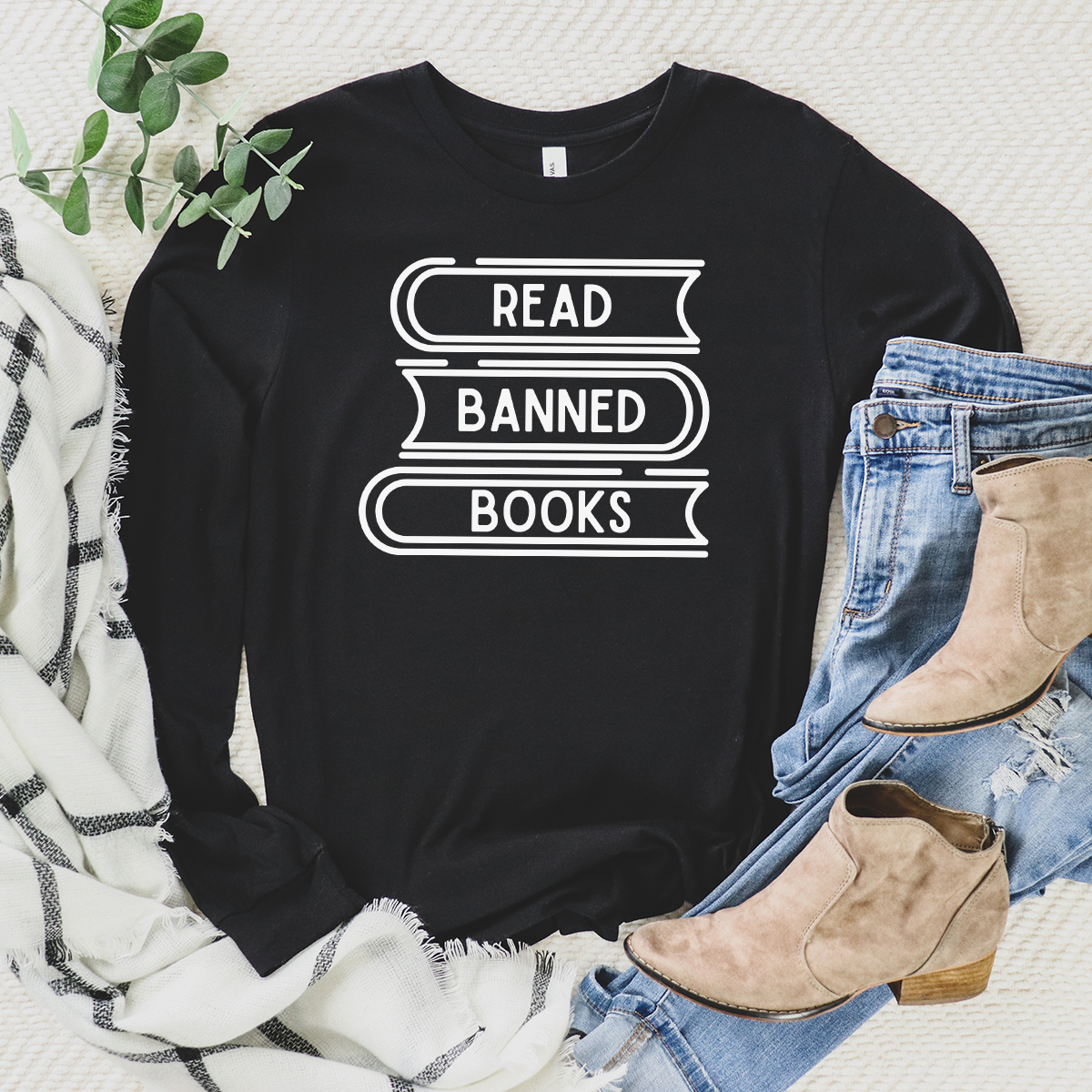 read banned books stack long sleeve unisex tee