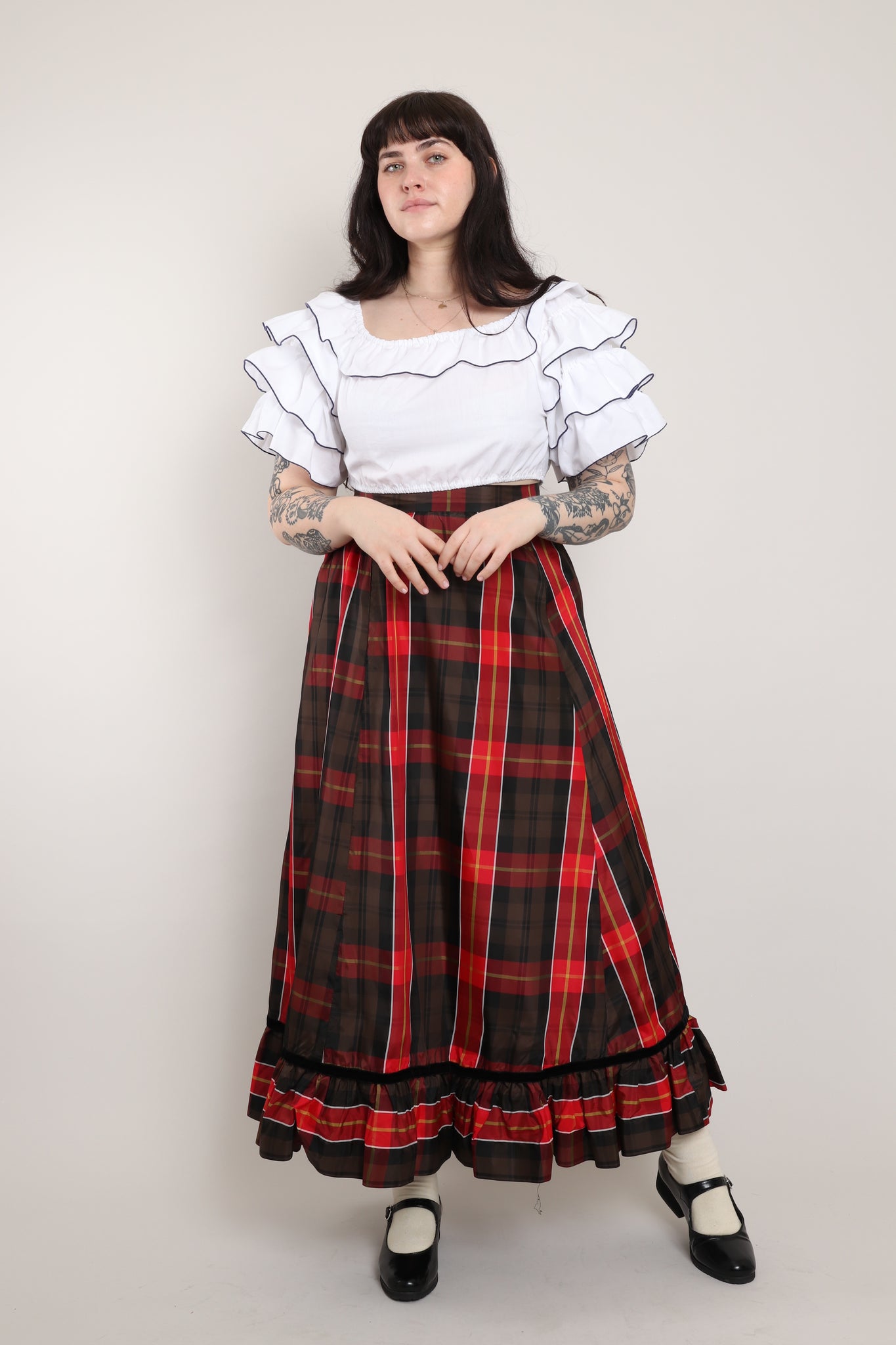 red plaid taffeta skirt