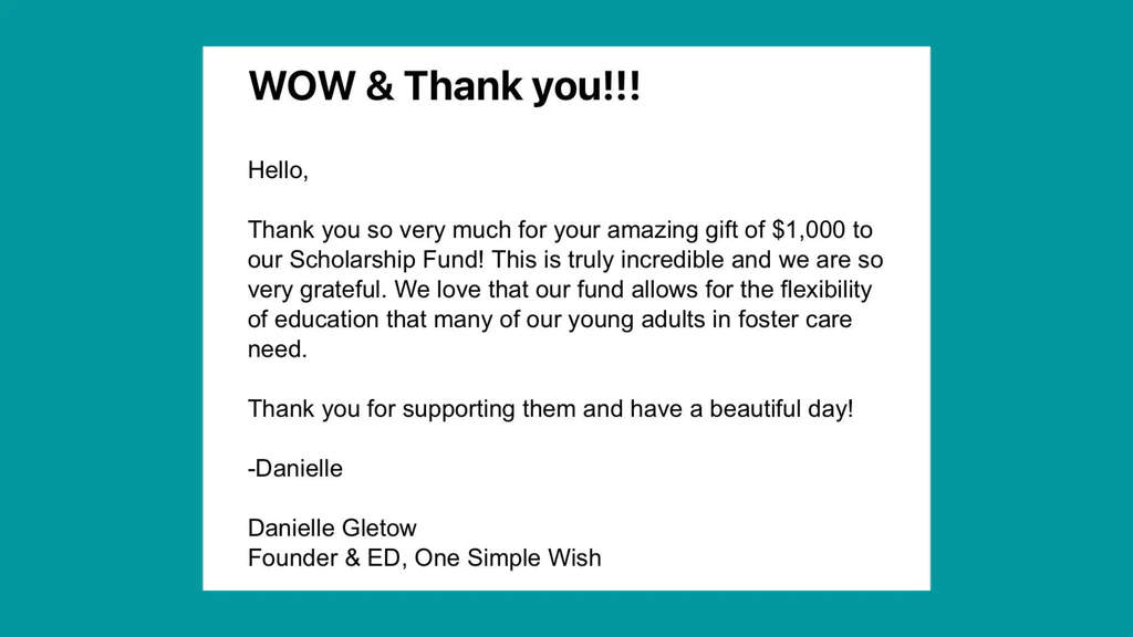 A thank-you email from One Simple Wish