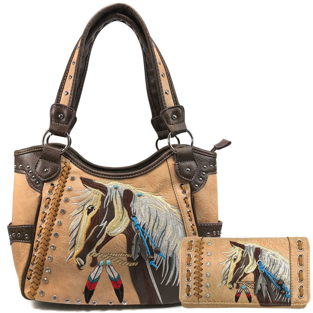 Dakota Horse Mane Embroidery Feather Tote Concealed Carry Purse Wallet Set