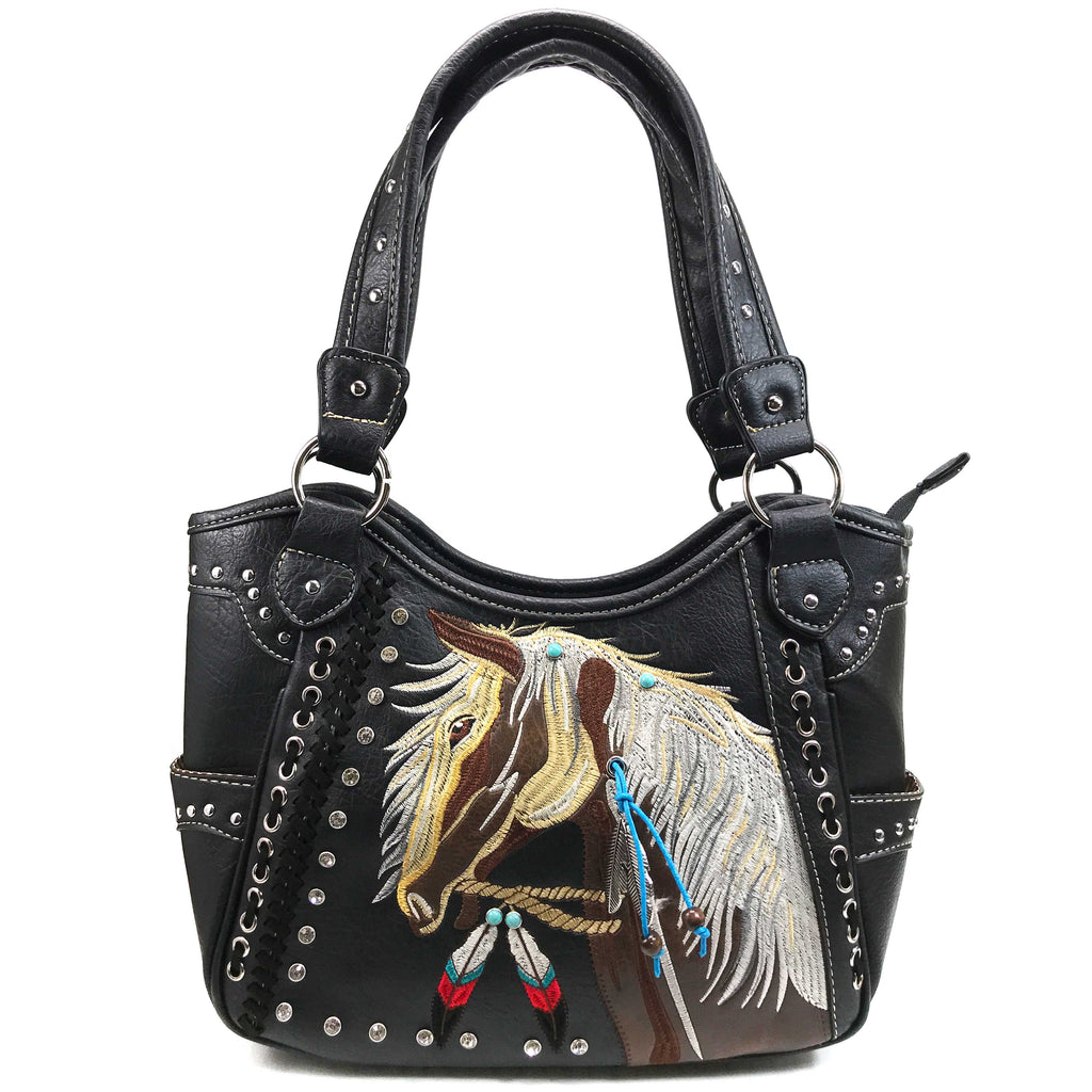 Dakota Horse Mane Embroidery Feather Concealed Carry Tote Purse