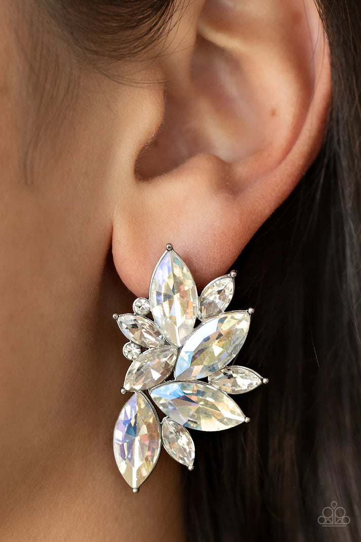Instant Iridescence White Rhinestone Post Earrings