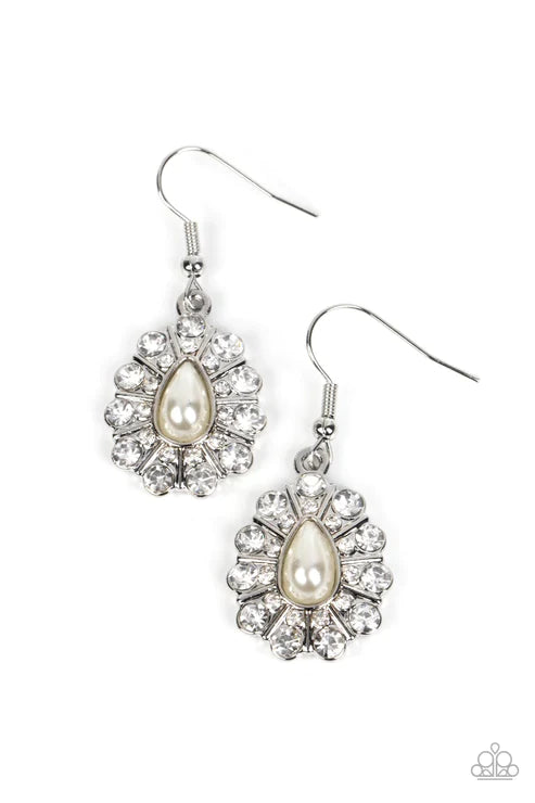 Extroverted Elegance White Pearl Rhinestone Earrings