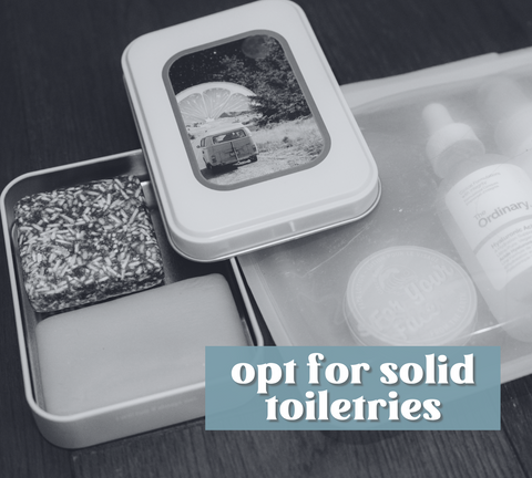 Solid shampoo and conditioner bar in travel tin, with face lotion and face serum in reuseable silicone bag. the words "opt for solid toiletries" is written over top of the image.