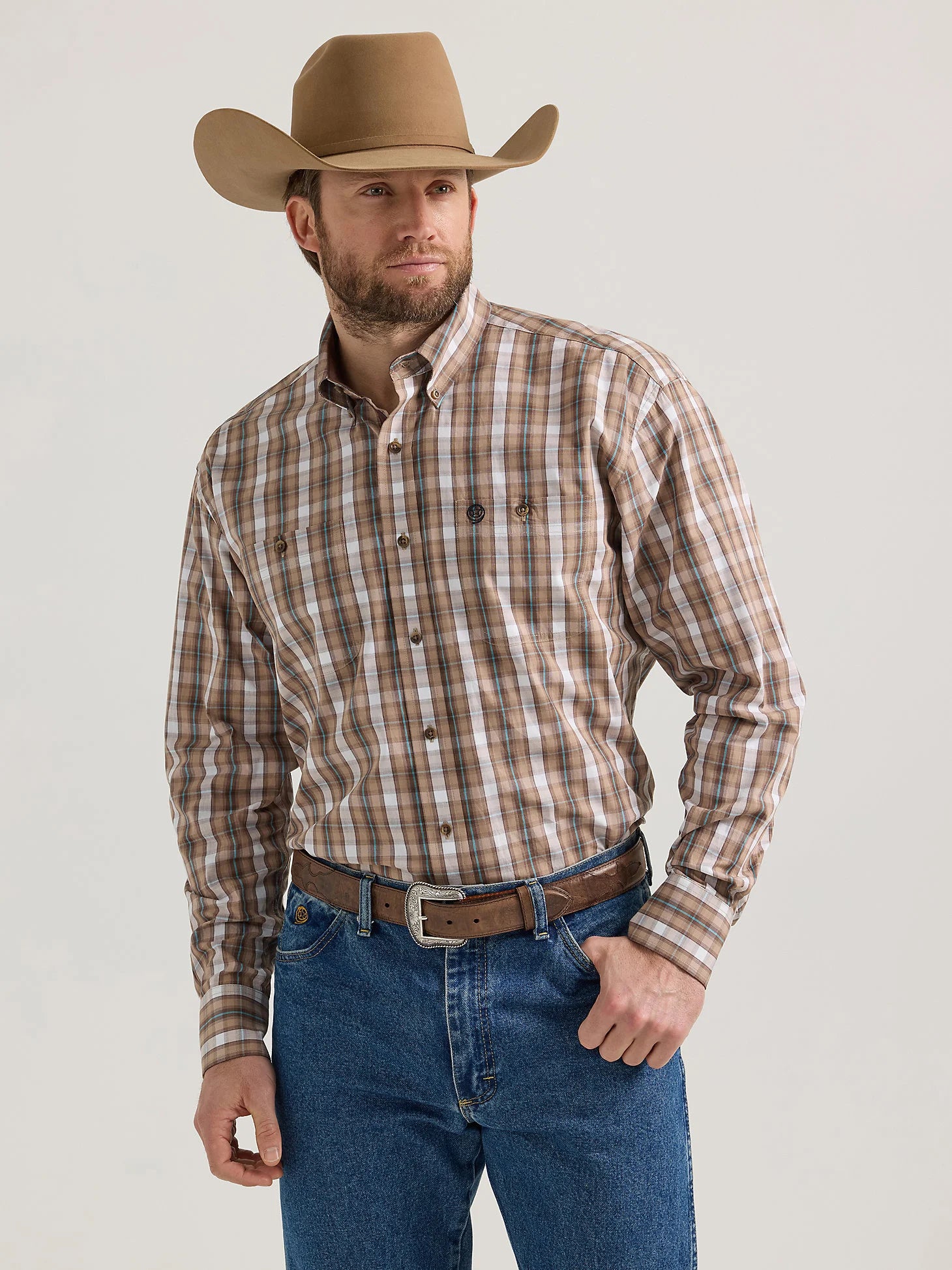 Wrangler Mens George Strait Long Sleeve Button Down Shirt - Brown Plaid   112352737