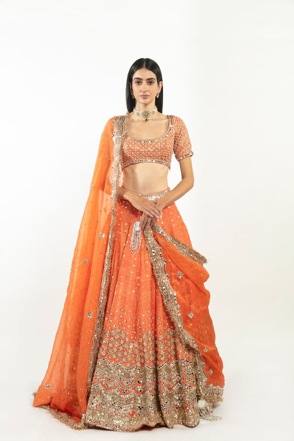 Lehenga Choli in Red And Orange Color ($174) | Orange lehenga, Designer  lehenga choli, Bridal lehenga online