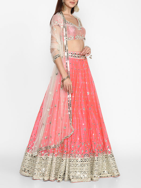 Off white Party Wear Embroidered Georgette Lehenga Choli