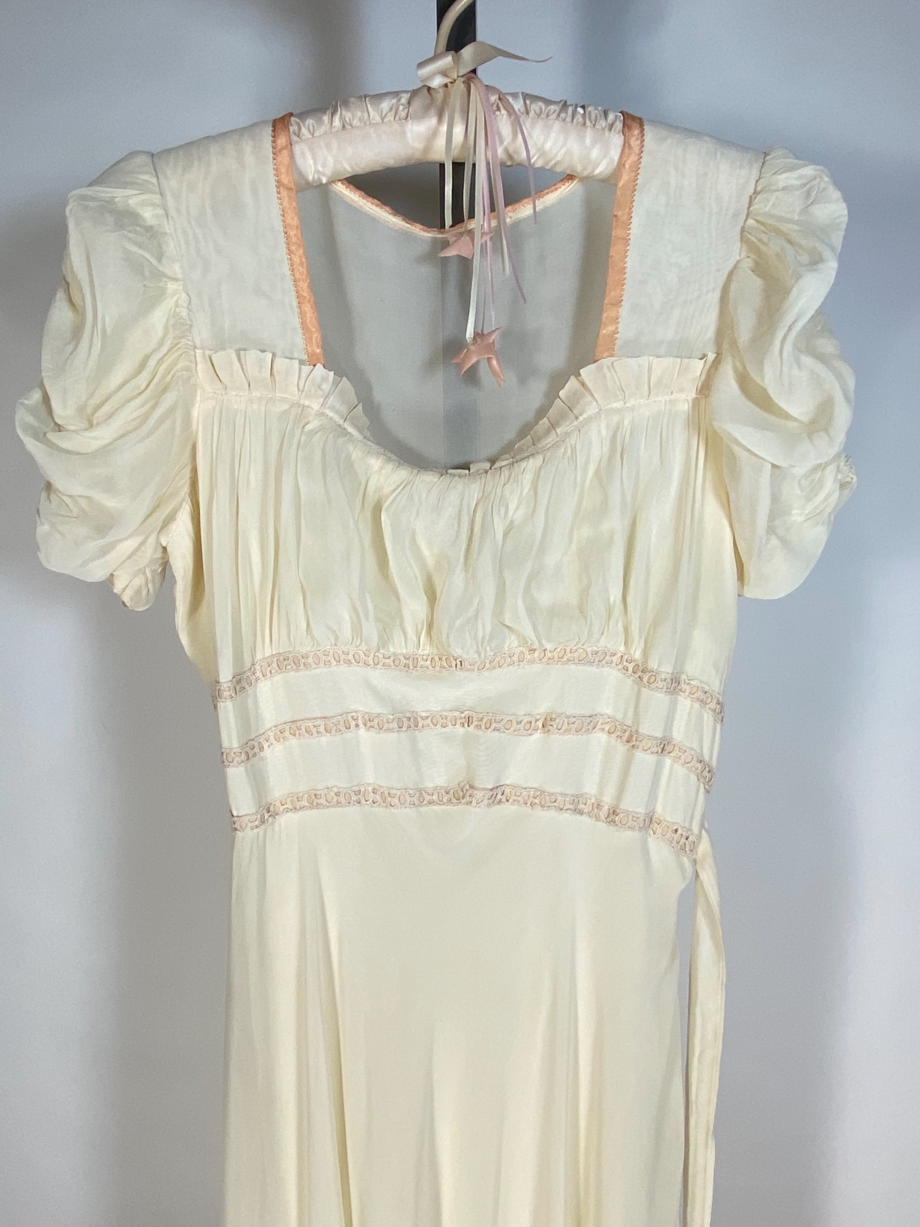Vintage 30's Pink and Ivory Silk Princess Dress with Ruched Sleeves and ...