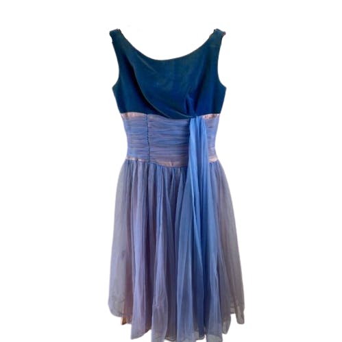 Vintage 50's Blue Velvet Tulle Prom Dress with Pink Gathered Waist ...