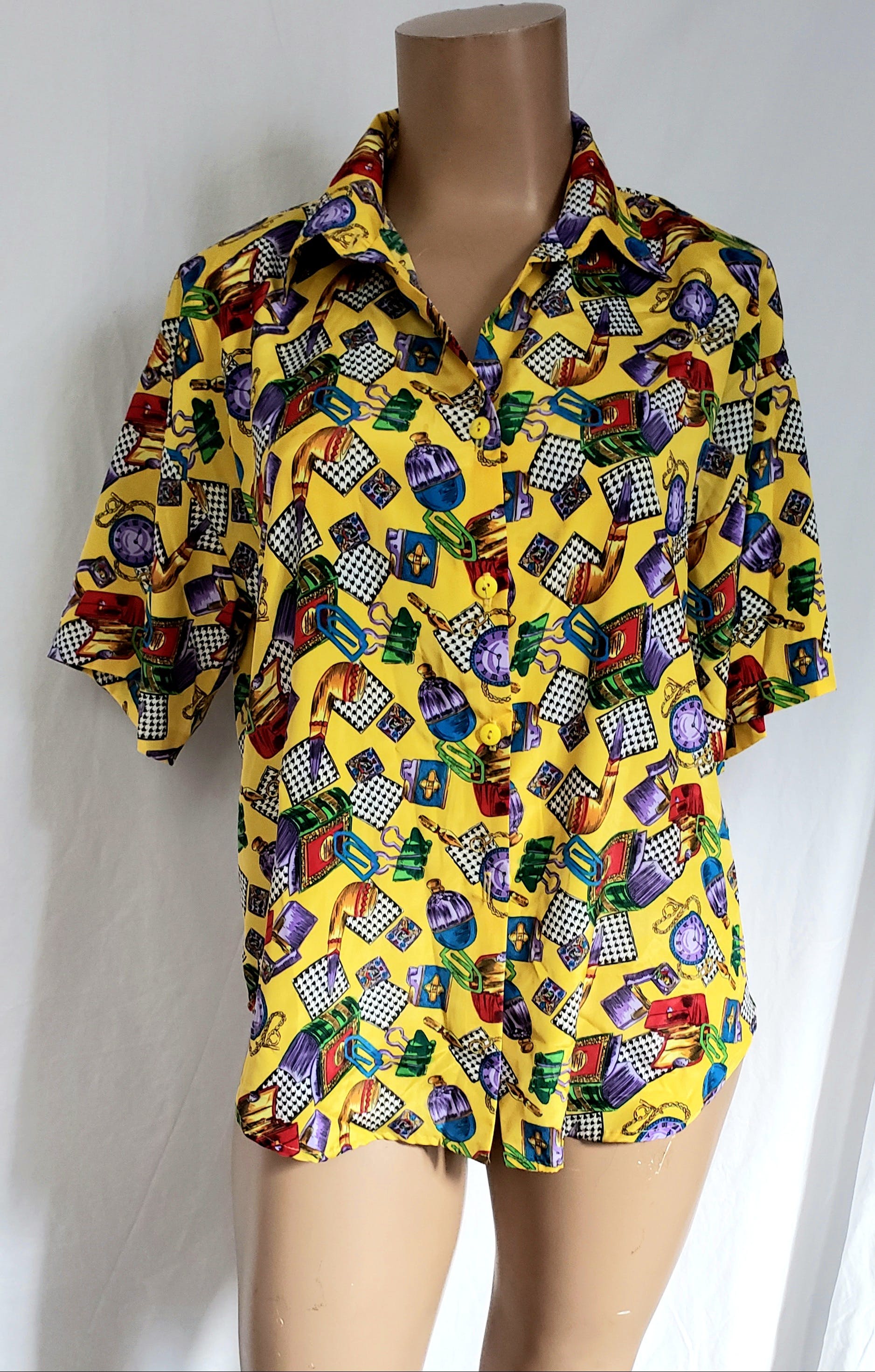 Vintage 80's Oversized Bold Print Yellow Button Up by Mona Fashions ...