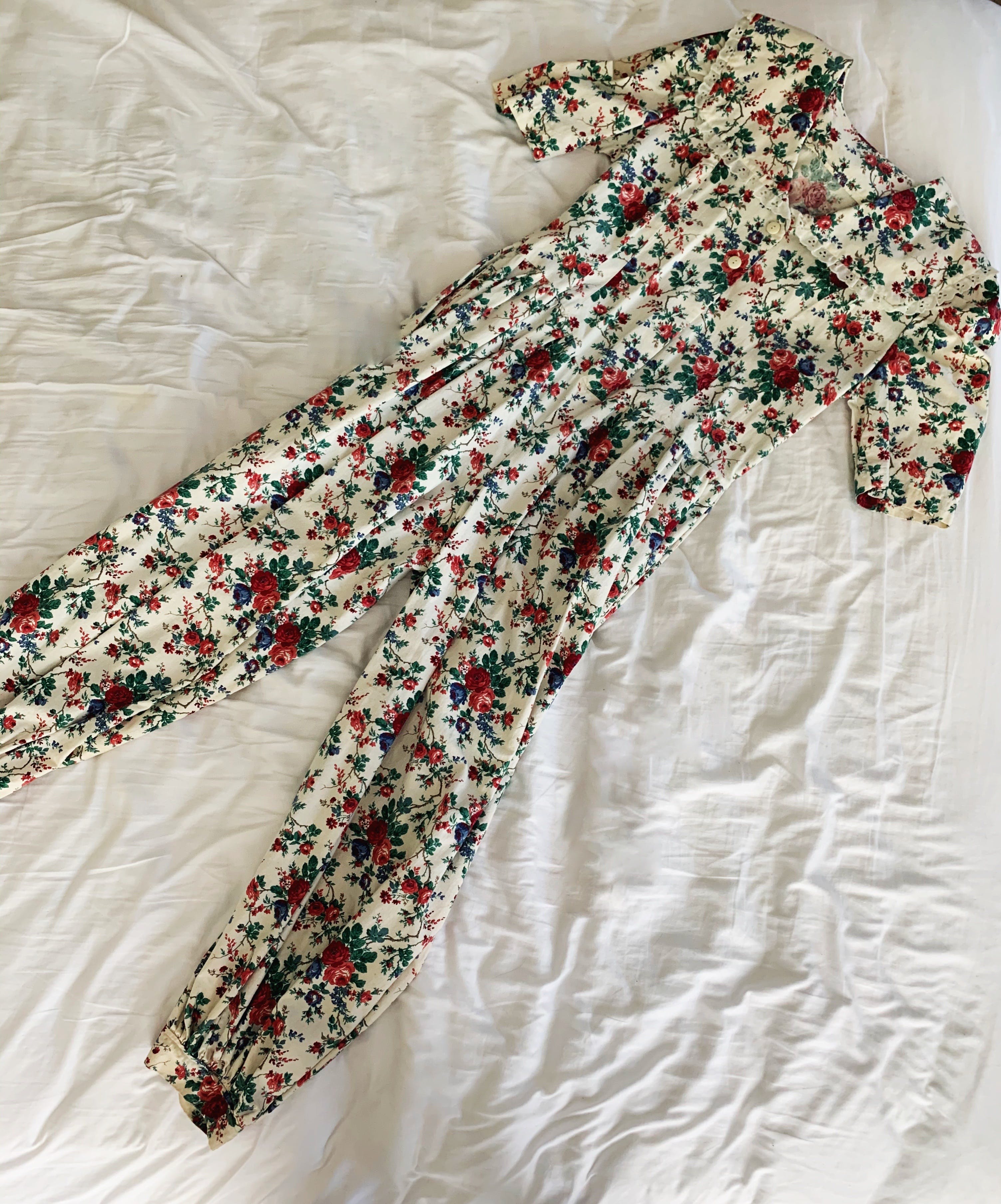 Vintage 90's Handmade Floral Jumpsuit with Eyelet Trim | Shop THRILLING