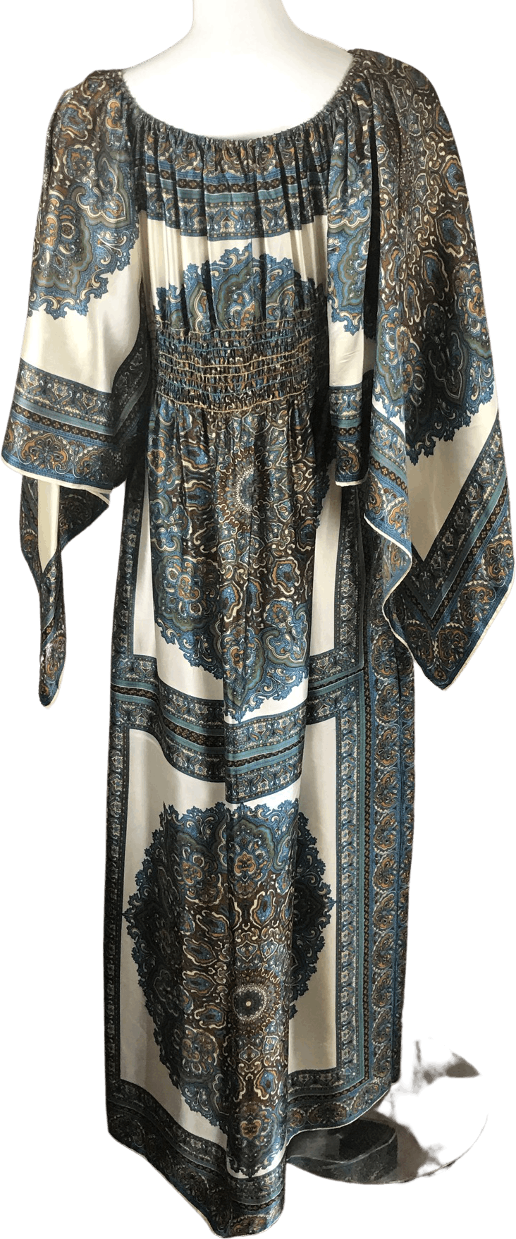 Vintage 70s Satin Paisley Handkerchief Angel Sleeve Maxi Dress Shop Thrilling 