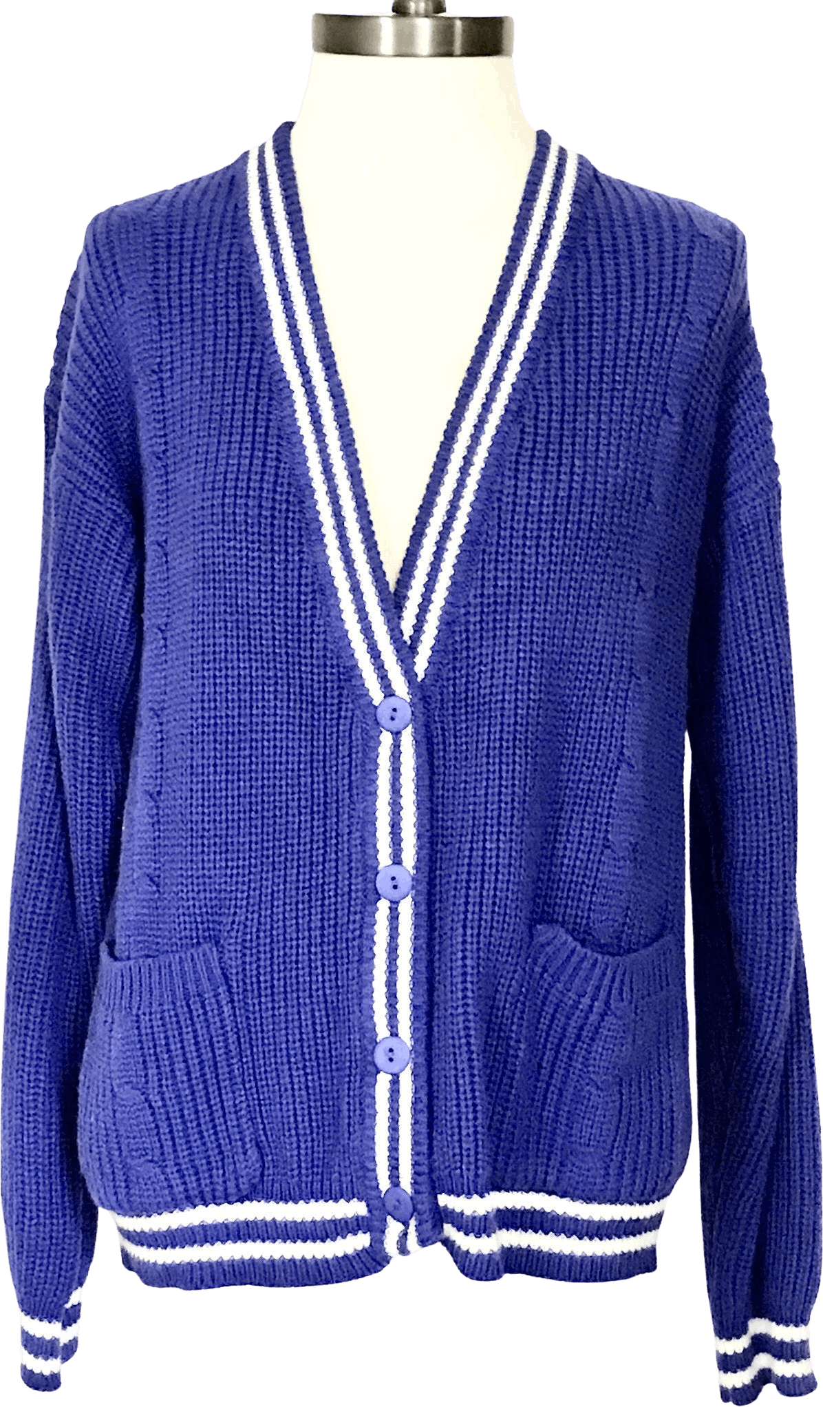 Vintage 80's/90's Blue Cable Knit Cardigan with White Trim by Kazbah ...