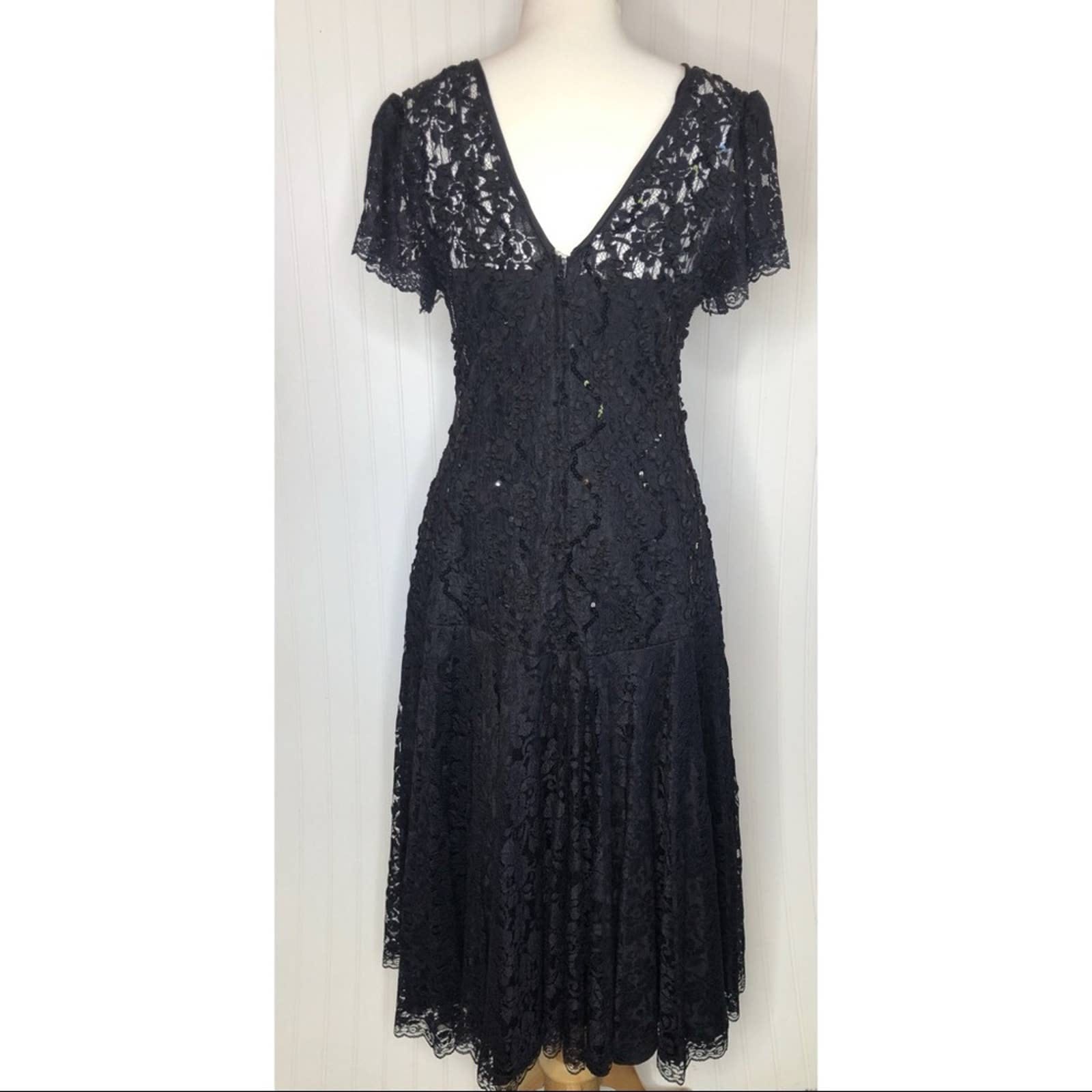 Vintage 80’s Short Sleeve Black Lace Sequin Drop Waist Dress by HW ...