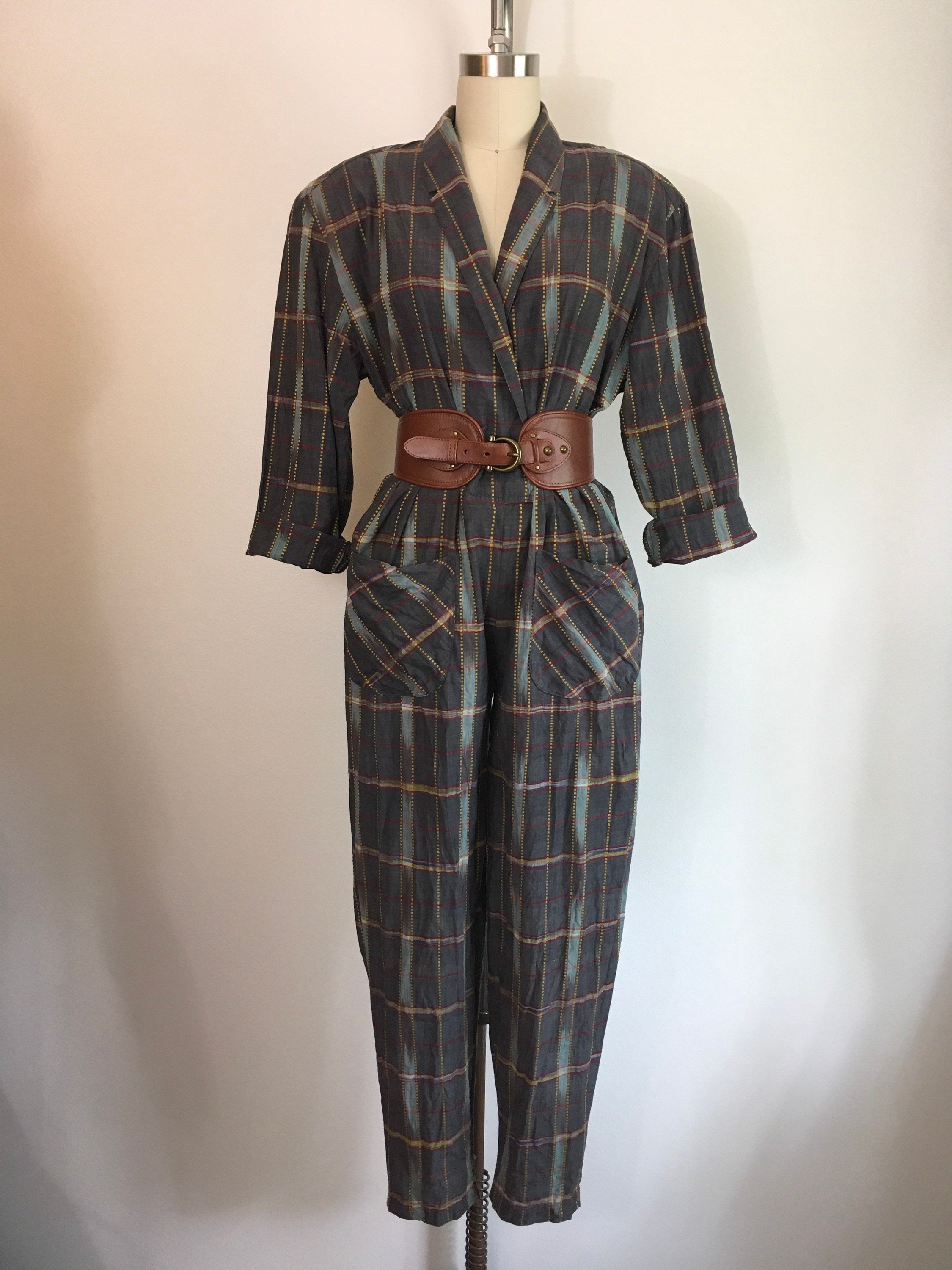 Vintage 80's Gray and Brown Plaid Jumpsuit by Norma Kamali | Shop THRILLING