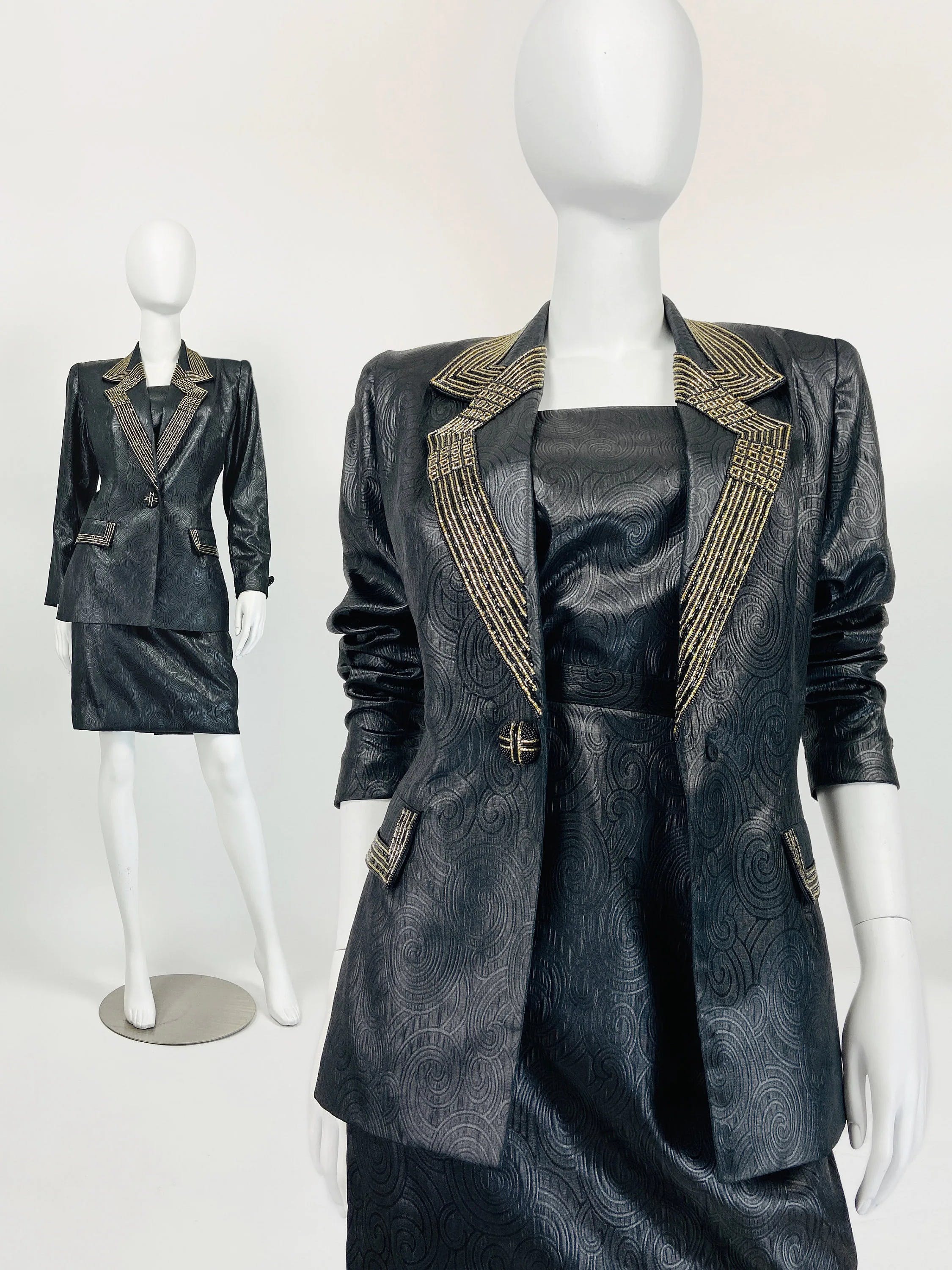 Vintage 80’s Geometric-Swirl Pattern Beaded Blazer Skirt Suit by Liz ...