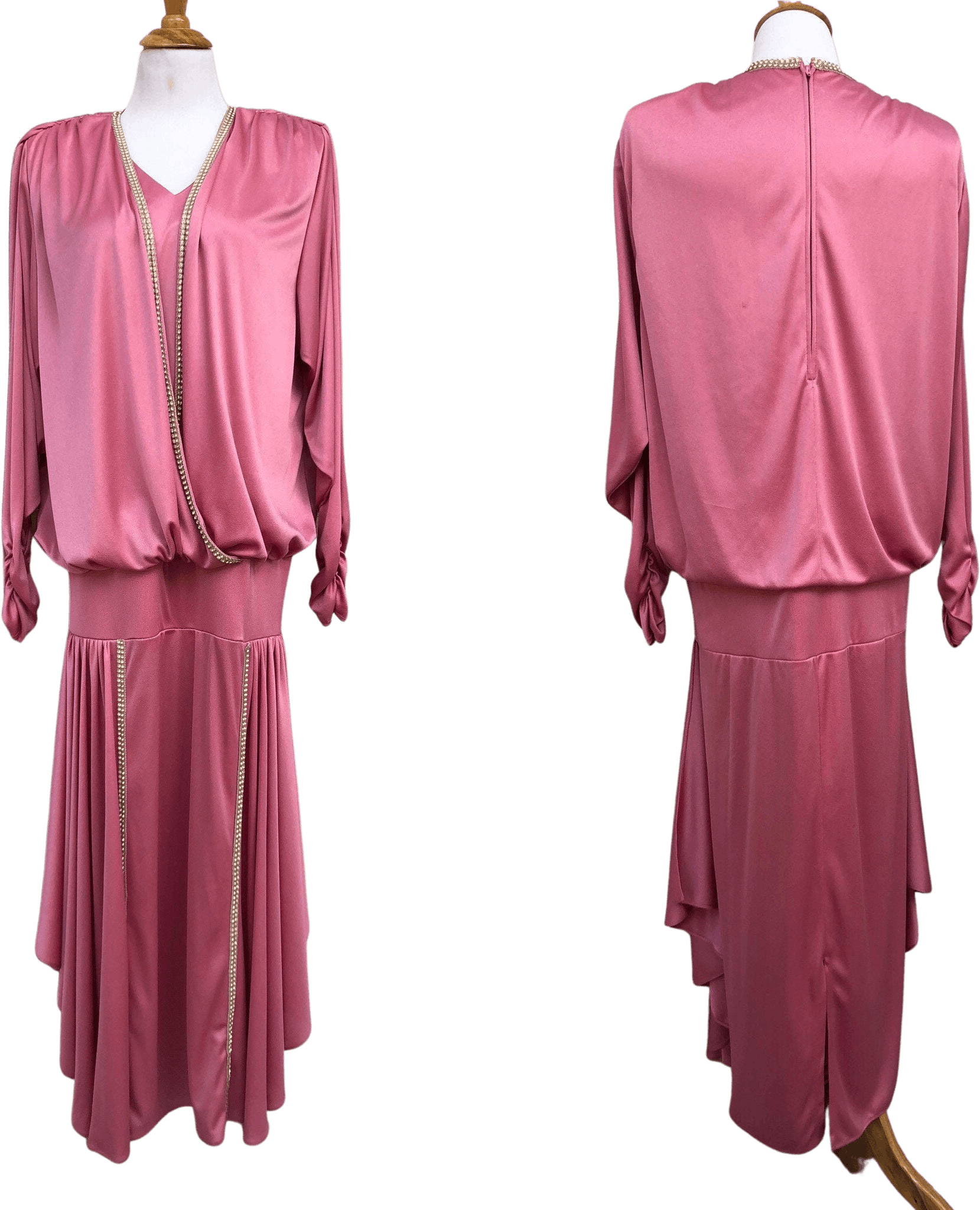 Vintage 70’s Dusty Rose Long Sleeve Party Dress with Tiered Skirt and ...