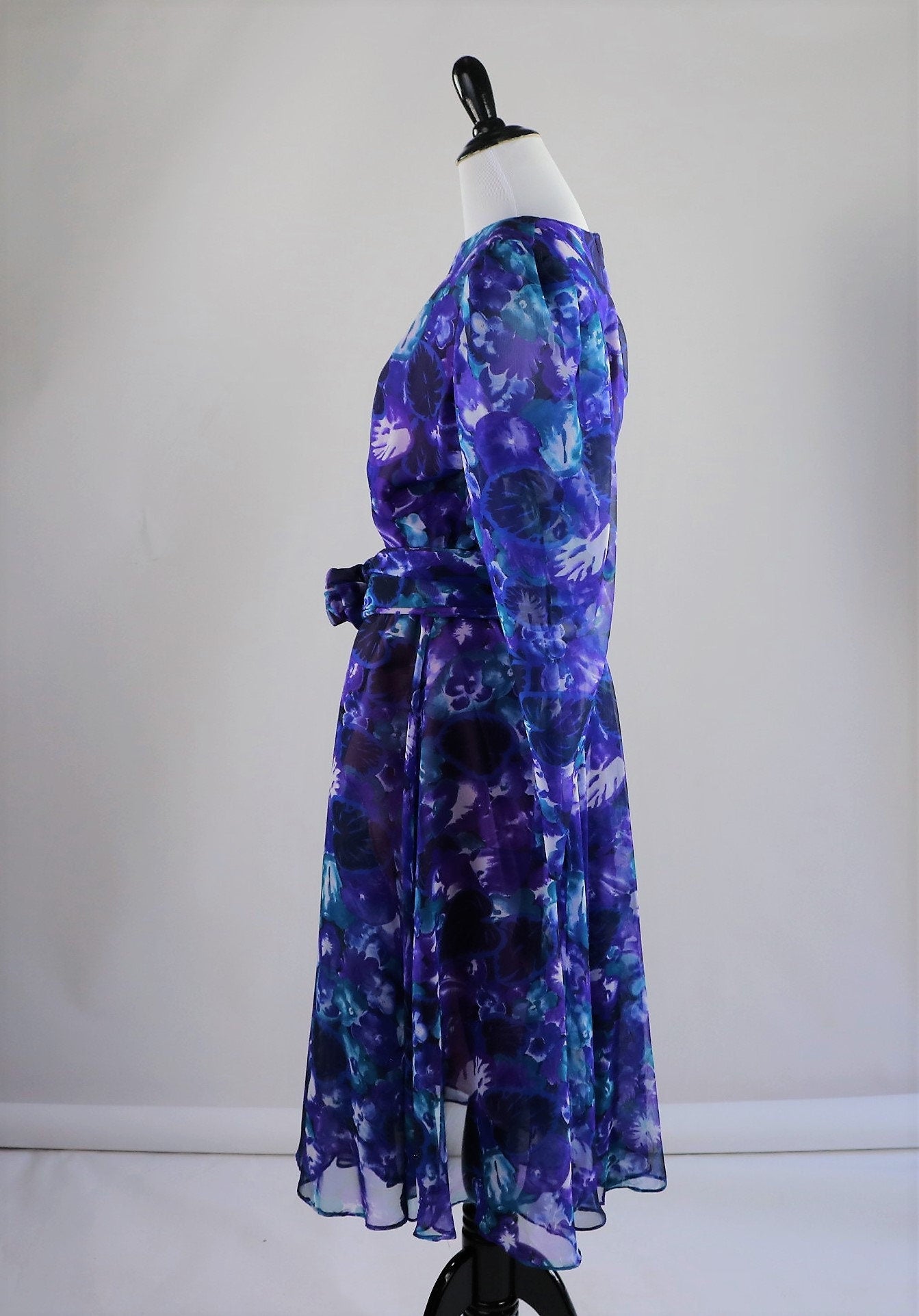 Vintage 80s Purple Floral Print Chiffon Semi Sheer Dress with Matching ...