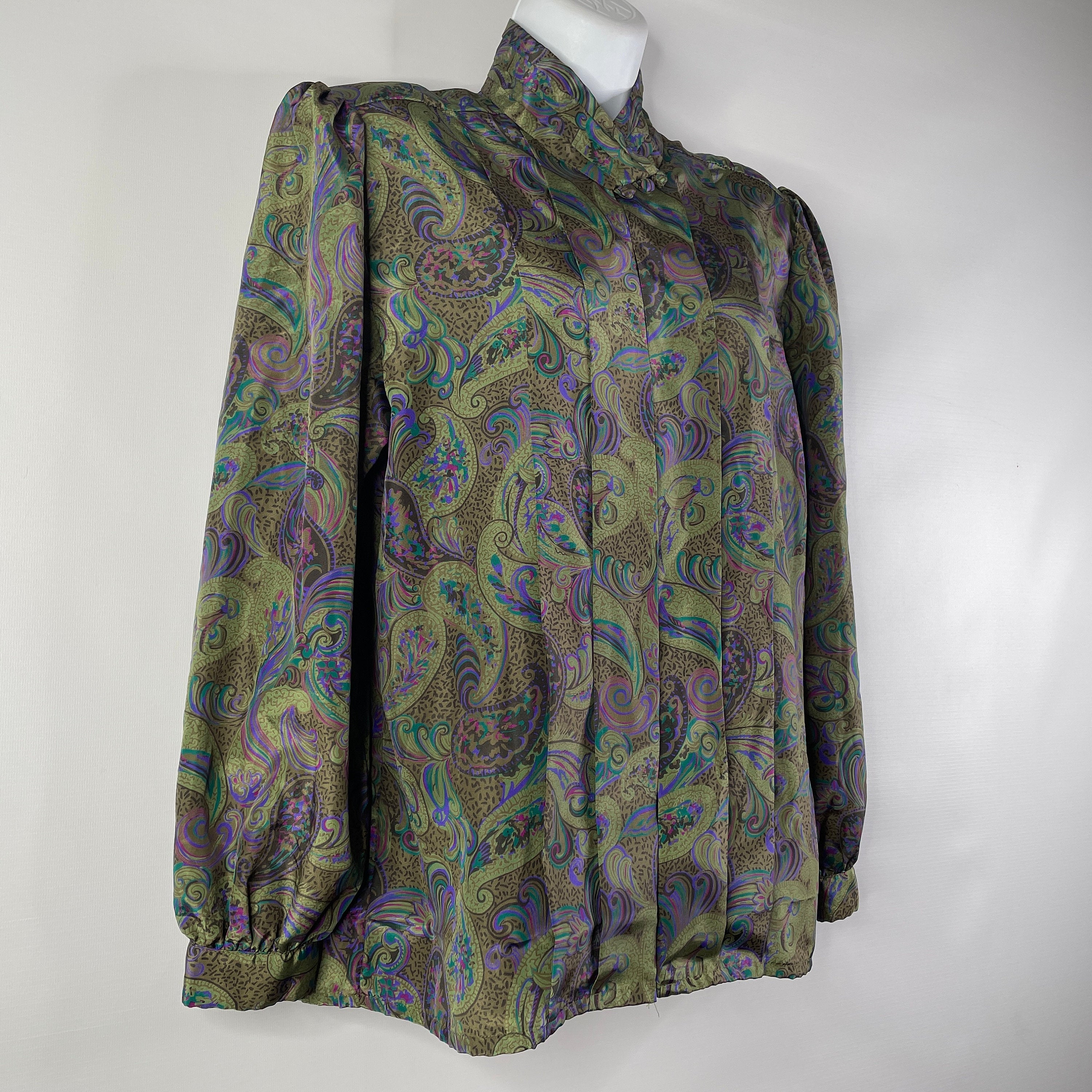 Vintage 80s Susan Hutton Green Purple Paisley Satin Blouse by Susan Hu ...