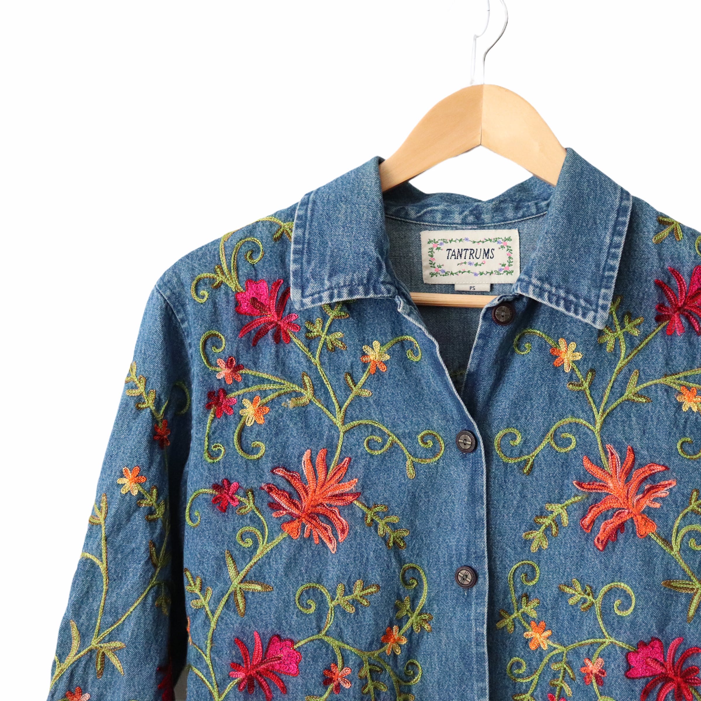 Vintage 90's Floral Embroidered Denim Shirt Jacket by Tantrums | Shop ...