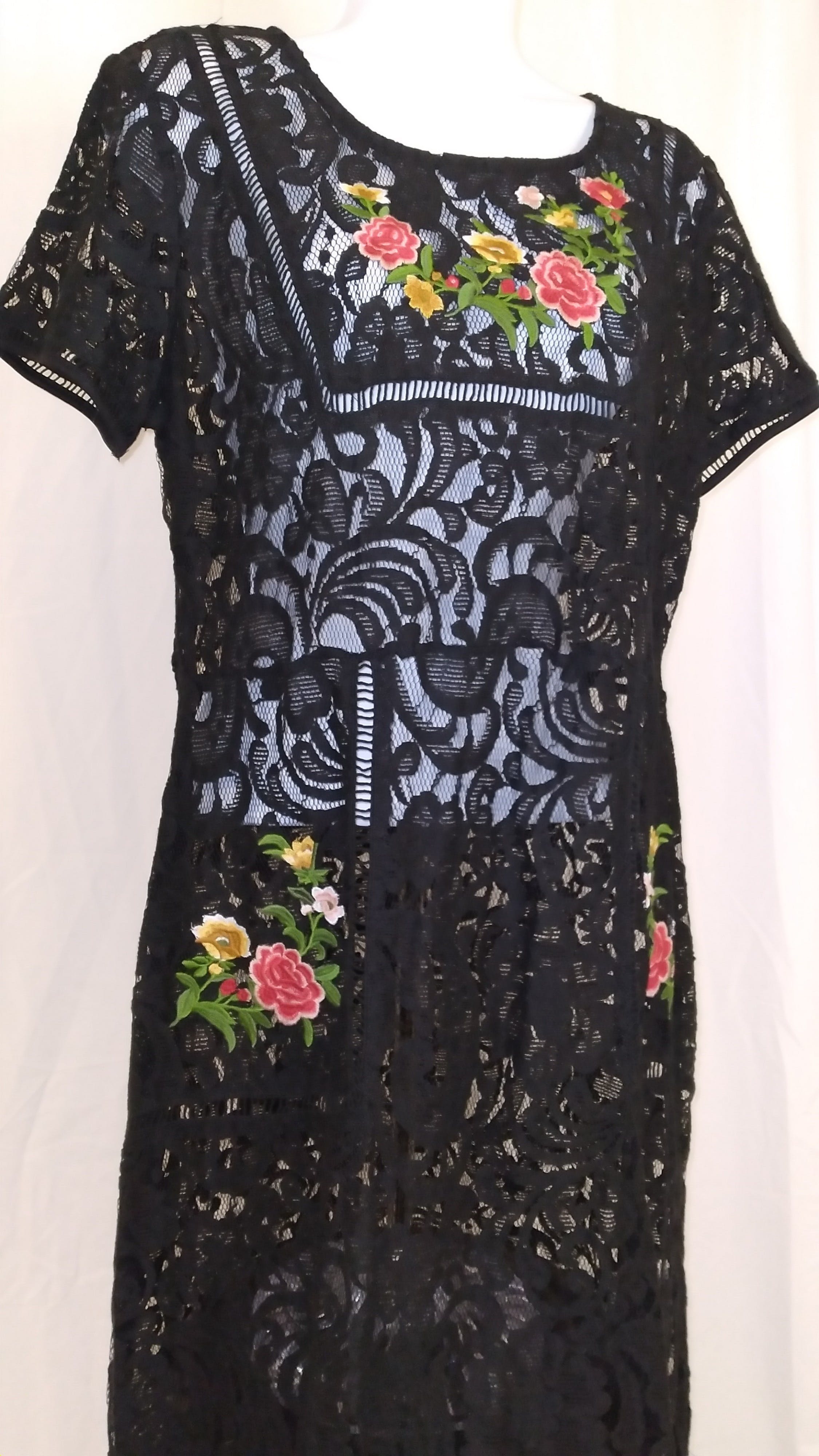 Vintage 90’s Black Lace and Floral Embroidered Dress by Suzanne Betro ...